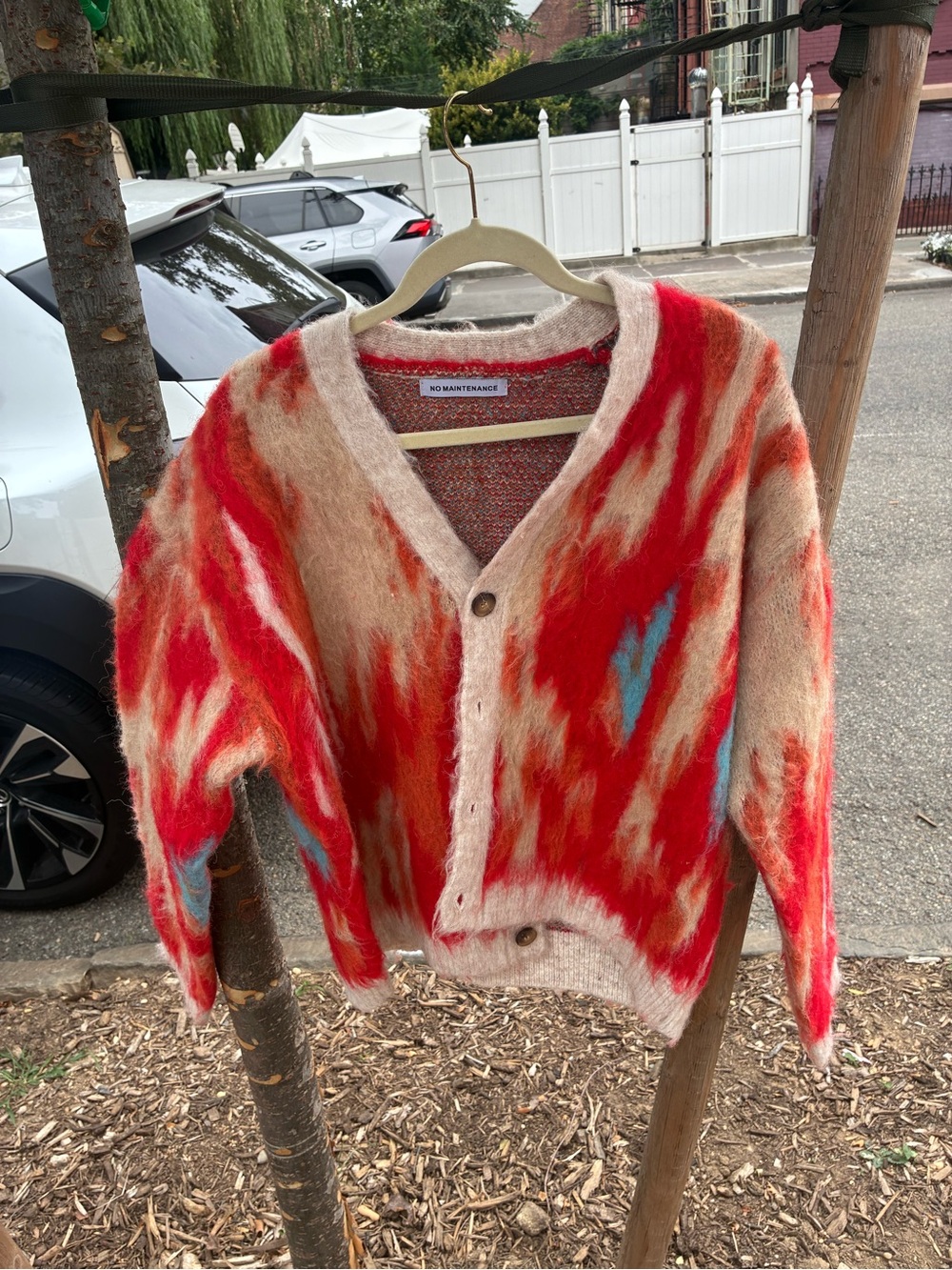 No Maintenance Mohair-Blend Fuzzy Cardigan in Red & Beige